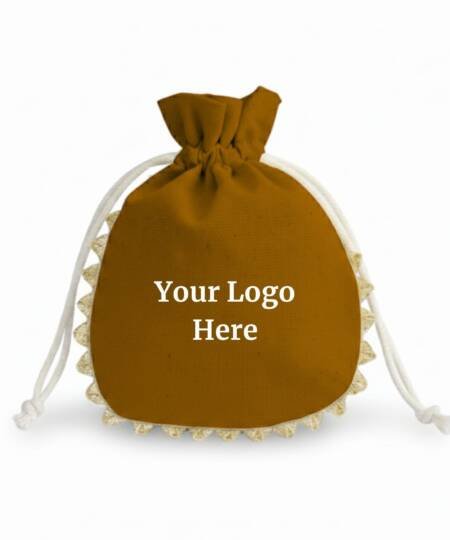 Bronze Accent Cotton Drawstring Pouches with Golden Lace & Custom Logo - 100 Pcs