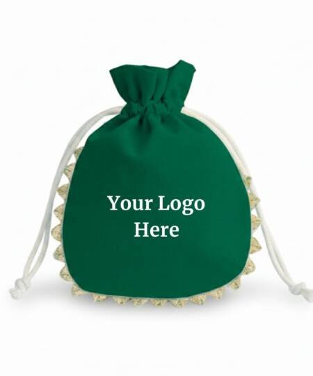 Emerald Isle Cotton Drawstring Pouches with Golden Lace & Custom Logo - 100 Pcs