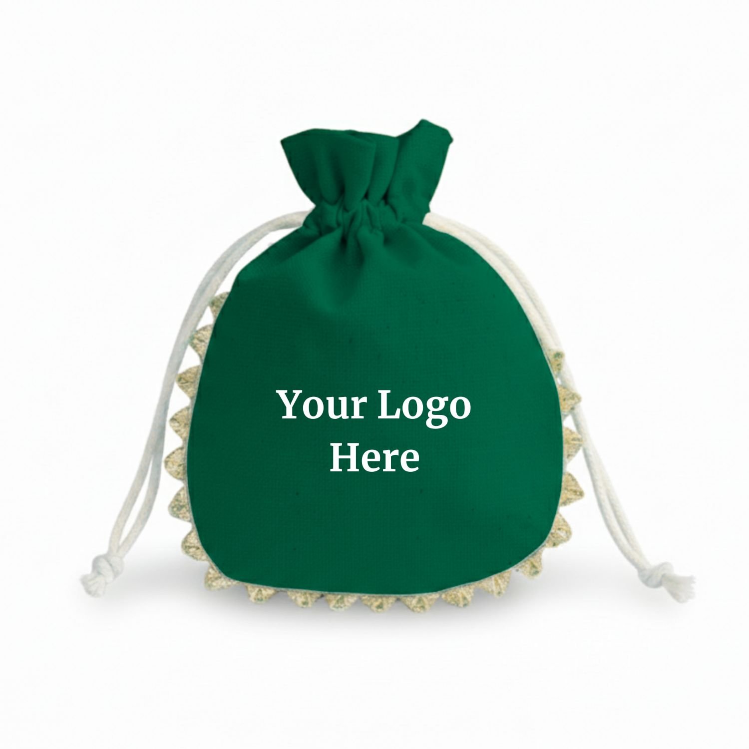 Emerald Isle Cotton Drawstring Pouches with Golden Lace & Custom Logo - 100 Pcs