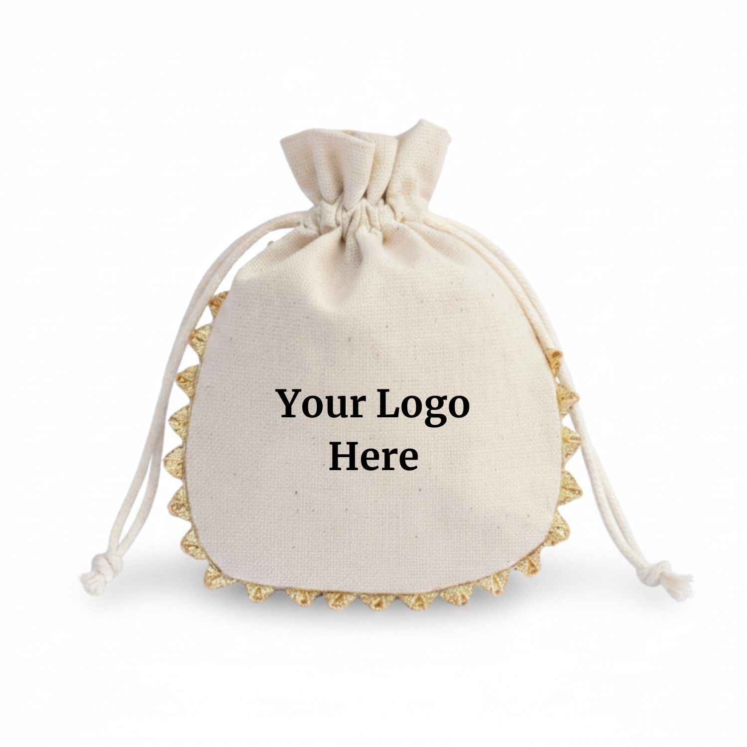 Natural Cotton Drawstring Pouches with Golden Lace & Custom Logo - 100 Pcs