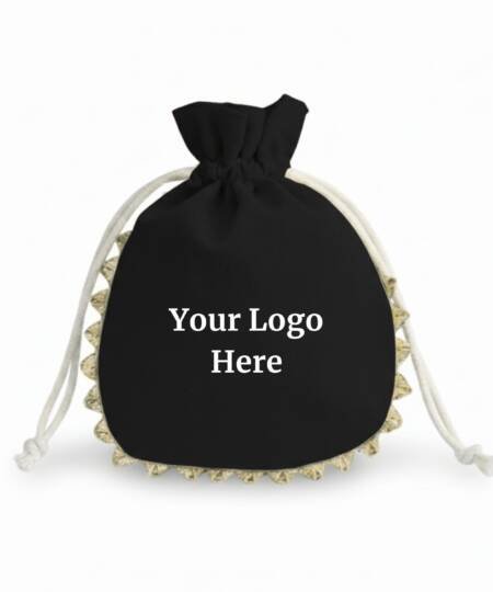 Obsidian Black Cotton Drawstring Pouches with Golden Lace & Custom Logo - 100 Pcs