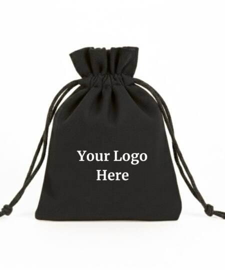 Obsidian Black Cotton Drawstring Pouches with Custom Logo - 100 Pcs