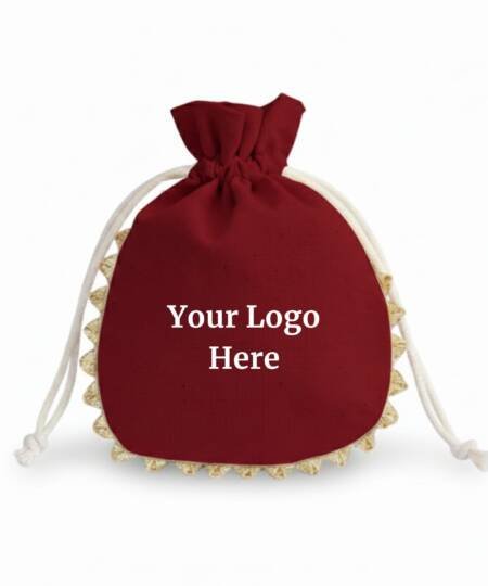 Regal Ruby Cotton Drawstring Pouches with Golden Lace & Custom Logo - 100 Pcs