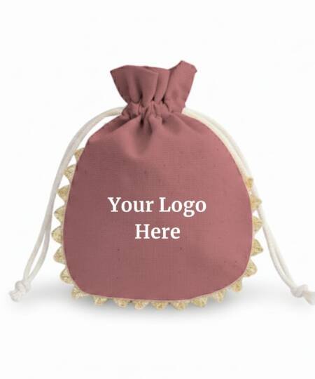 Rose Quartz Cotton Drawstring Pouches with Golden Lace & Custom Logo - 100 Pcs