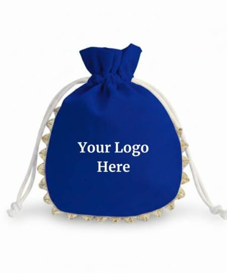 Royal Sapphire Cotton Drawstring Pouches with Golden Lace & Custom Logo - 100 Pcs